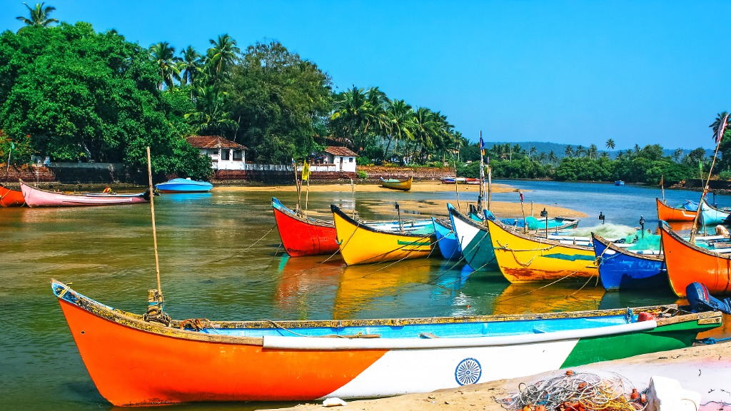 Goa beach with palm trees and ocean waves