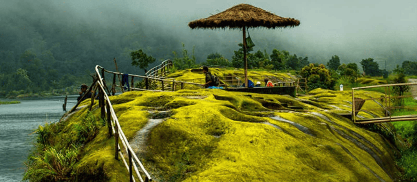 Umiam Lake and pine-covered hills view in Shillong, Meghalaya