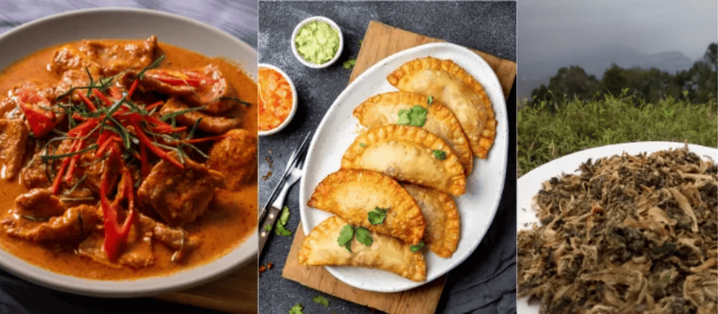 A plate of traditional local dishes to try in Gangtok, including momos and thukpa.