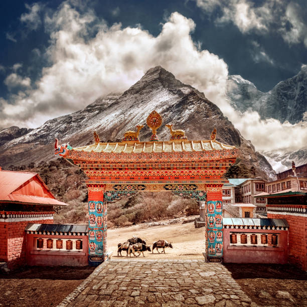 Tengboche Monastery gate with a snowy mountain.