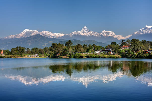 Snow-capped mountains reflecting in a calm lake.