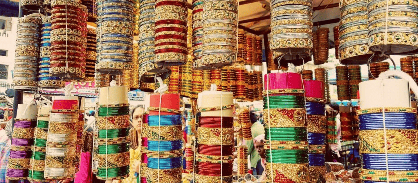 The colorful bangle shops of Laad Bazaar, an ultimate shopping destination in Hyderabad.