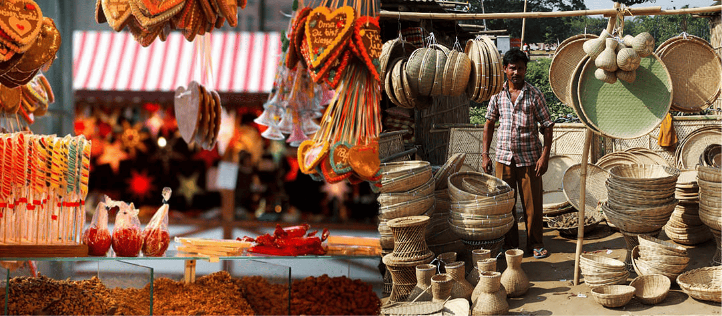 Colorful Assamese handicrafts and tea being sold at a local market near Kaziranga.