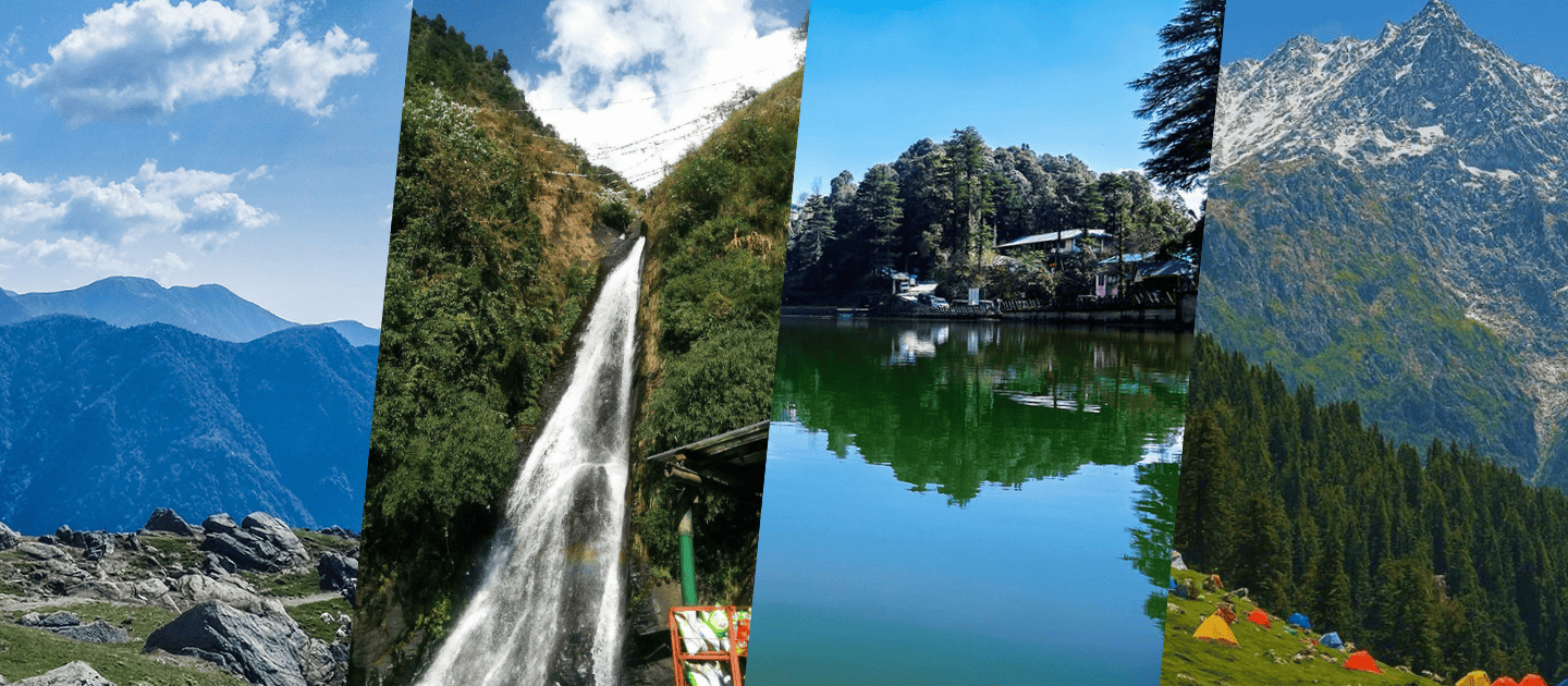 Collage of top Dharamshala tourist attractions featuring the Naddi viewpoint, Bhagsu Nag Waterfall, serene Dal Lake, and camping at Triund Hill with the Dhauladhar mountains backdrop