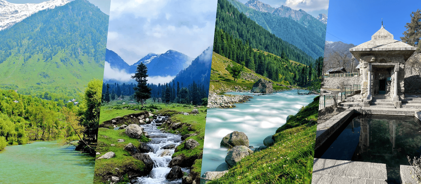 Collage of top tourist attractions in Pahalgam including Betaab Valley, Aru Valley, Lidder River, and the ancient Mamleshwar Temple