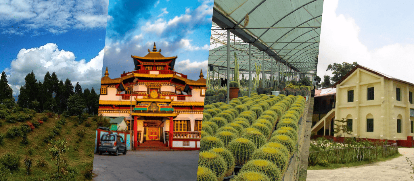 Collage of Kalimpong's top attractions featuring the lush Deolo Hill park, the colorful Durpin Monastery, a unique cactus nursery, and the historic colonial-style Dr. Graham's Homes