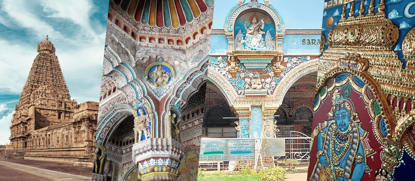 Collage of Thanjavur's cultural heritage featuring the towering Brihadeeswarar Temple, vibrant palace ceiling frescoes, the historic Saraswathi Mahal Library entrance, and an intricate golden Tanjore painting
