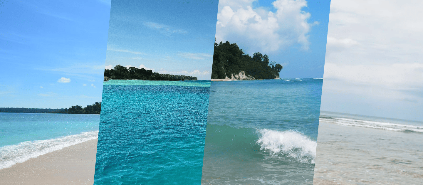 Collage of the Andaman Islands' stunning beaches featuring turquoise waters, white sandy shores, and lush green coastlines under clear blue skies