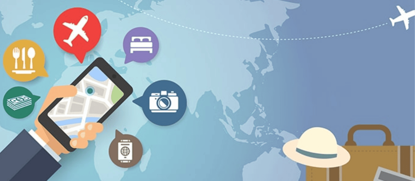 Digital illustration of smart travel planning featuring a hand holding a smartphone with pop-up icons for flights, hotels, and food, set against a world map background, representing the all-in-one services of TravellingLark