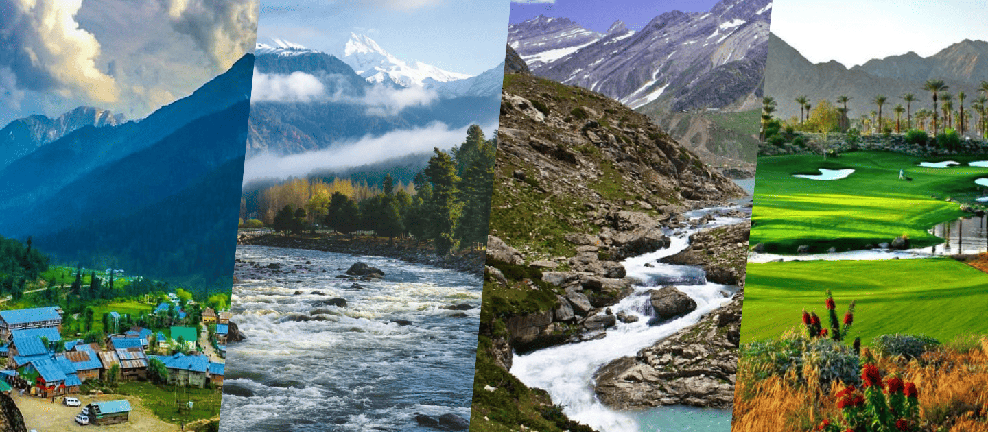 Collage of top tourist places in Pahalgam, Kashmir, featuring the scenic Aru Valley with blue-roofed huts, the flowing Lidder River, snow-capped mountains at Chandanwari, and the lush green Pahalgam Golf Course