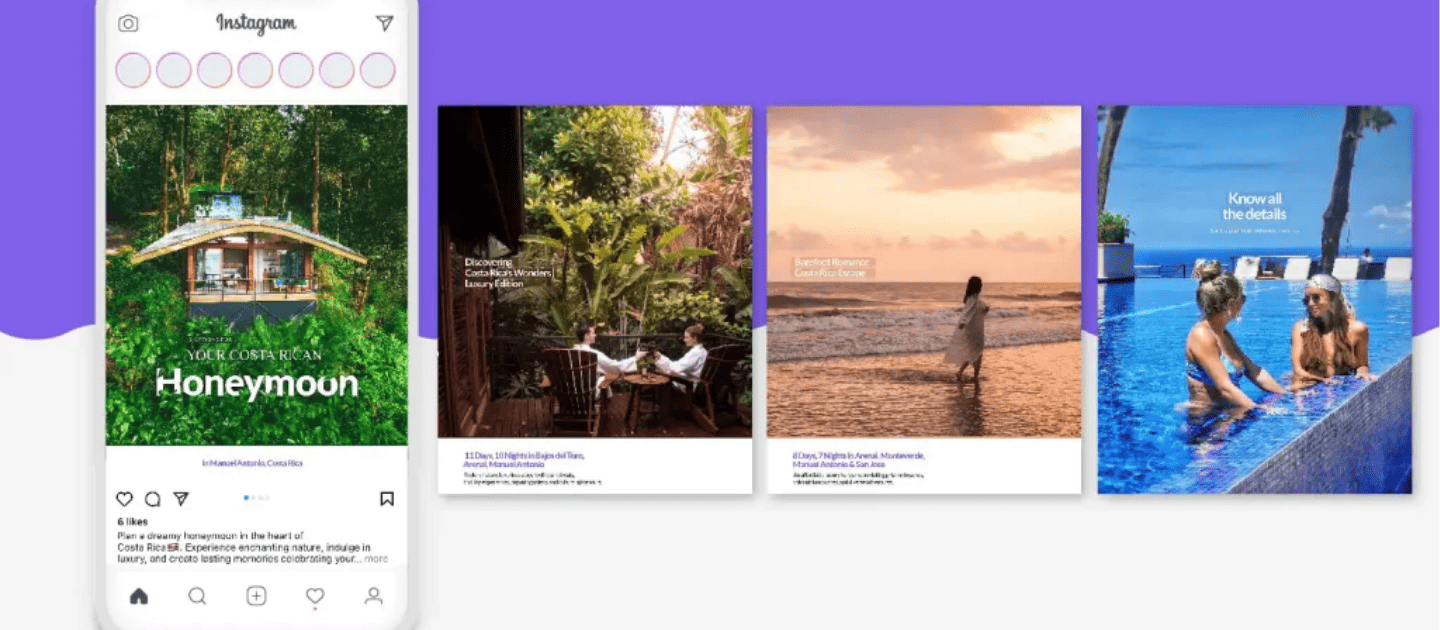 Smartphone displaying a social media travel feed featuring luxury honeymoon packages in Costa Rica, including jungle lodges and infinity pools, representing expert trip curation and visual travel inspiration
