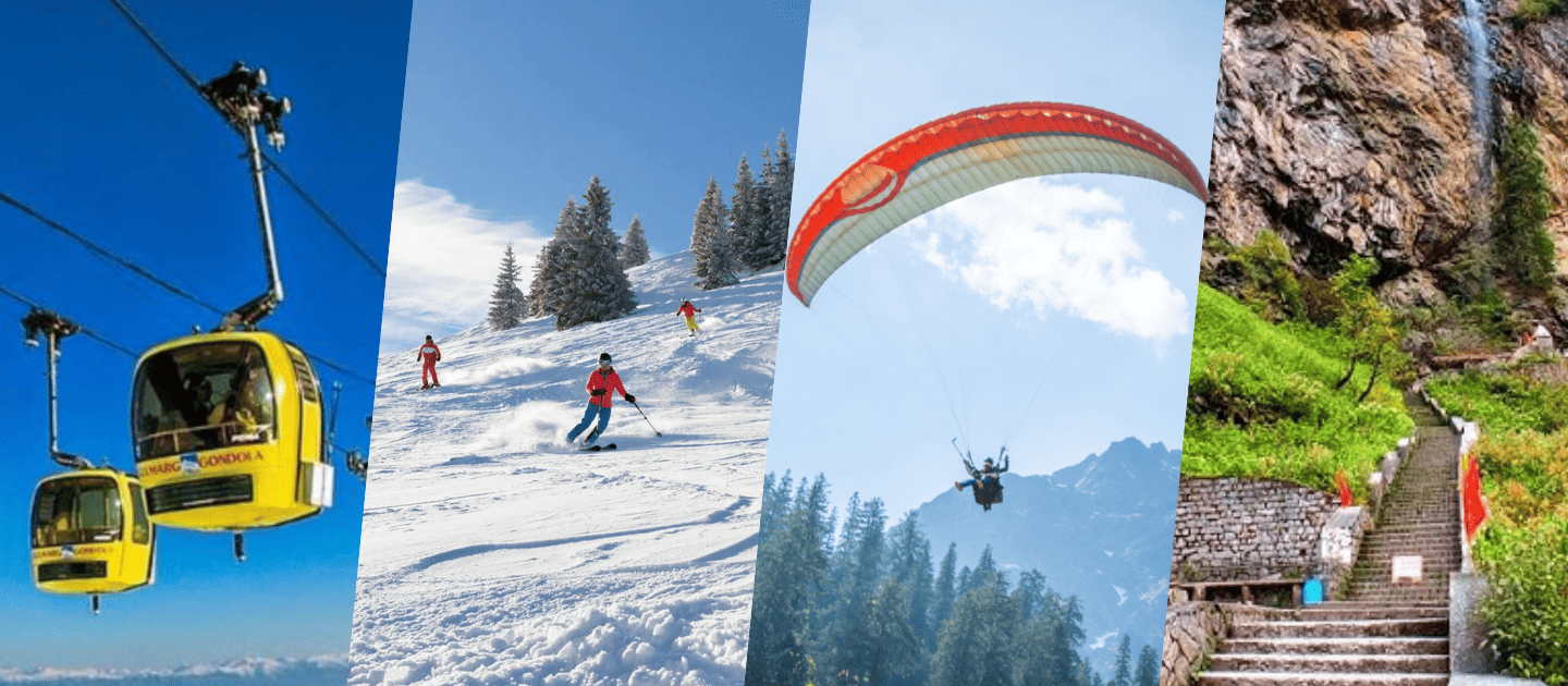 Collage of Patnitop adventure highlights featuring the yellow Skyview gondola, skiing on snowy slopes, paragliding over mountains, and a scenic waterfall with stone steps