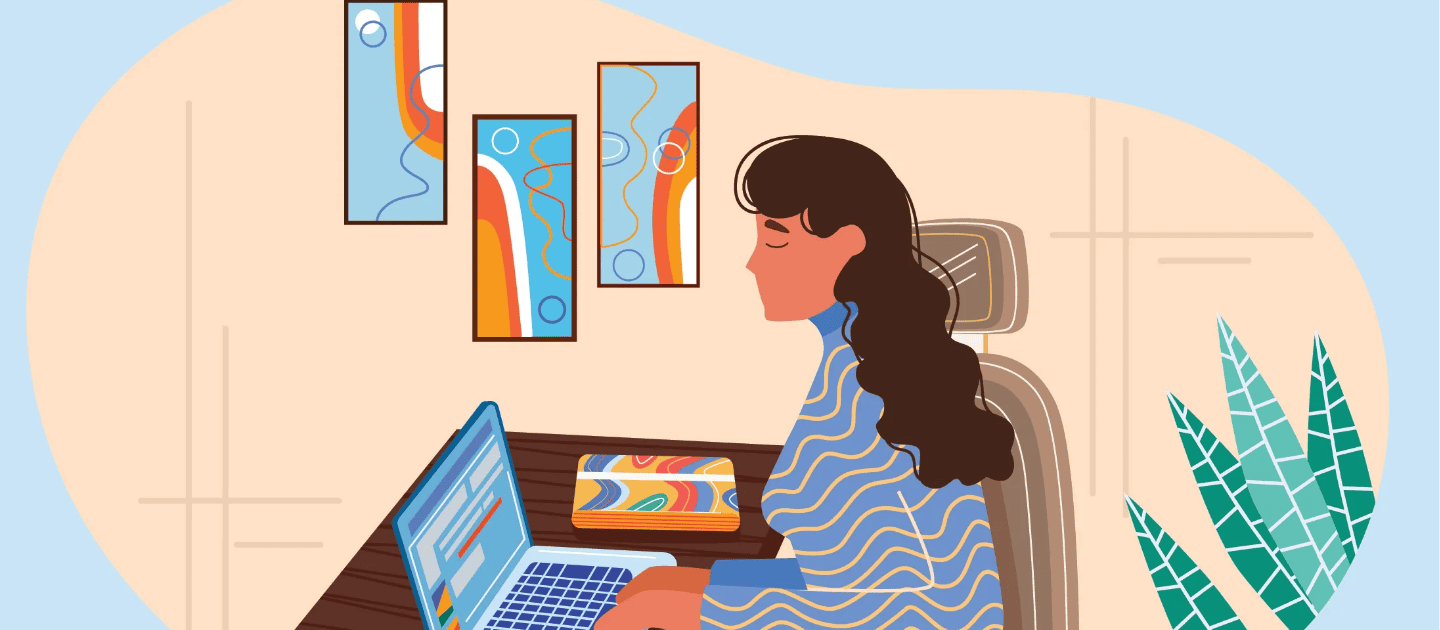 Vector illustration of a woman sitting at a desk working on a laptop, suitable for themes of online booking or trip planning