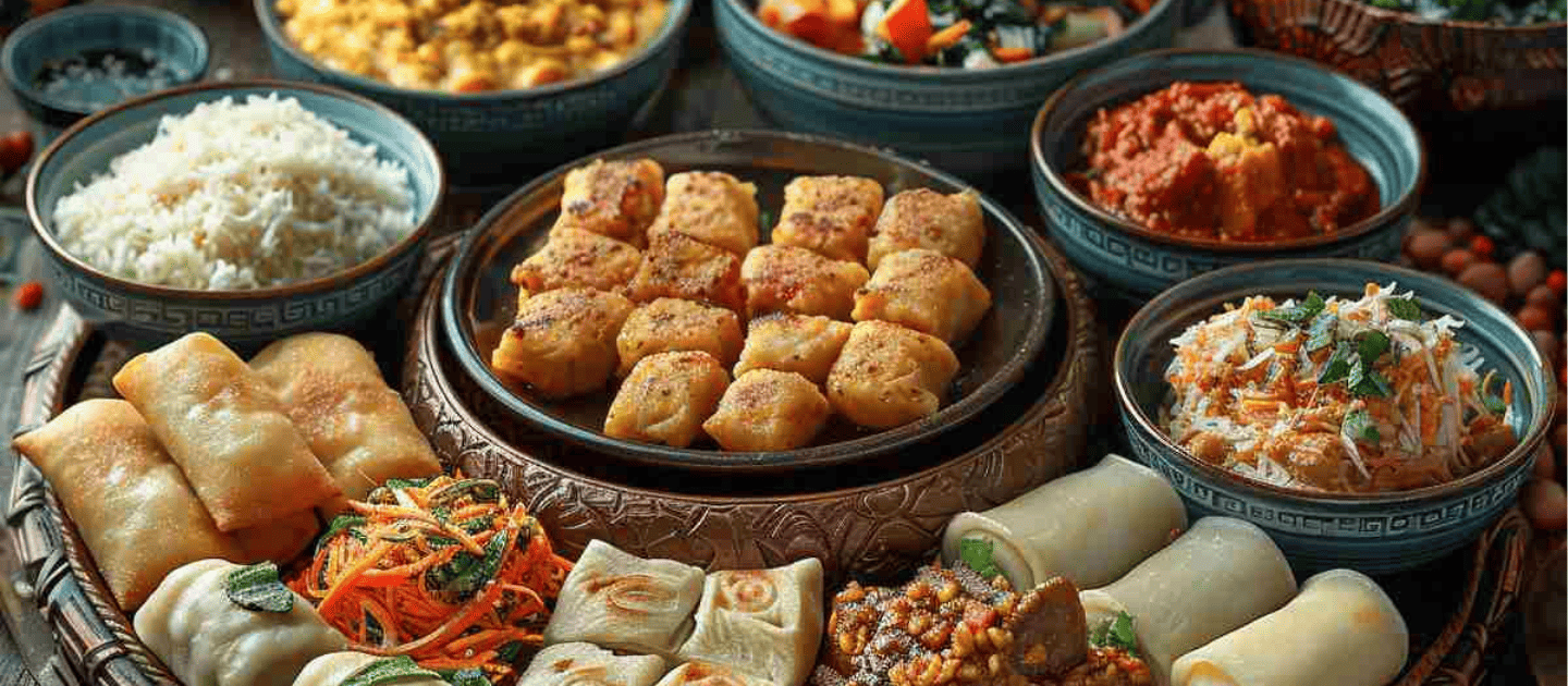 Traditional Tawang local food spread featuring steamed momos, fried potatoes, rice, and vegetable curries in rustic bowls