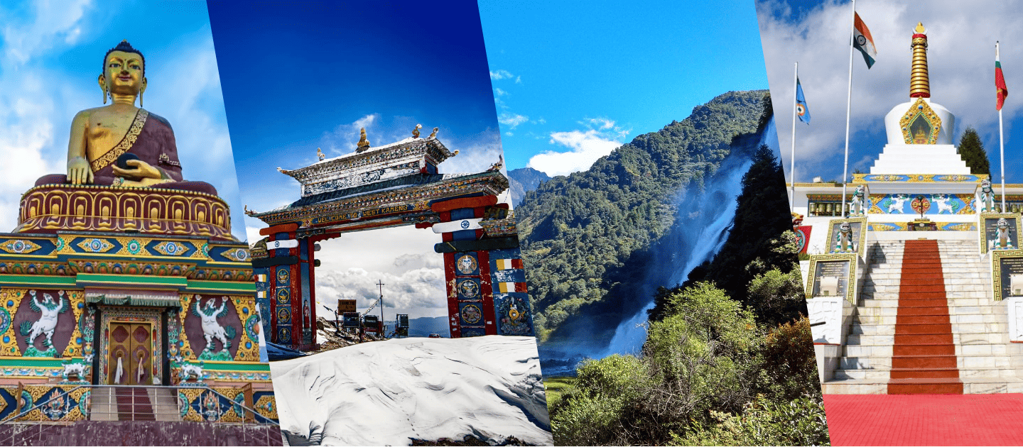 Collage of top Tawang tourist places featuring the giant Buddha statue, Sela Pass gate, Nuranang Waterfall, and Tawang War Memorial