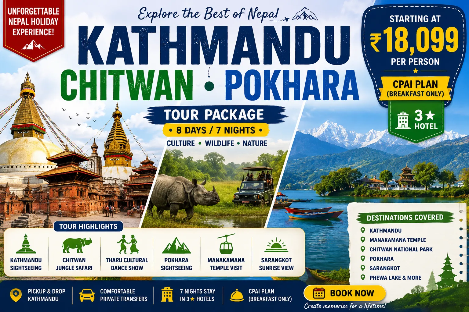 Kathmandu Chitwan Pokhara Tour Package 8 Days @ ₹18099